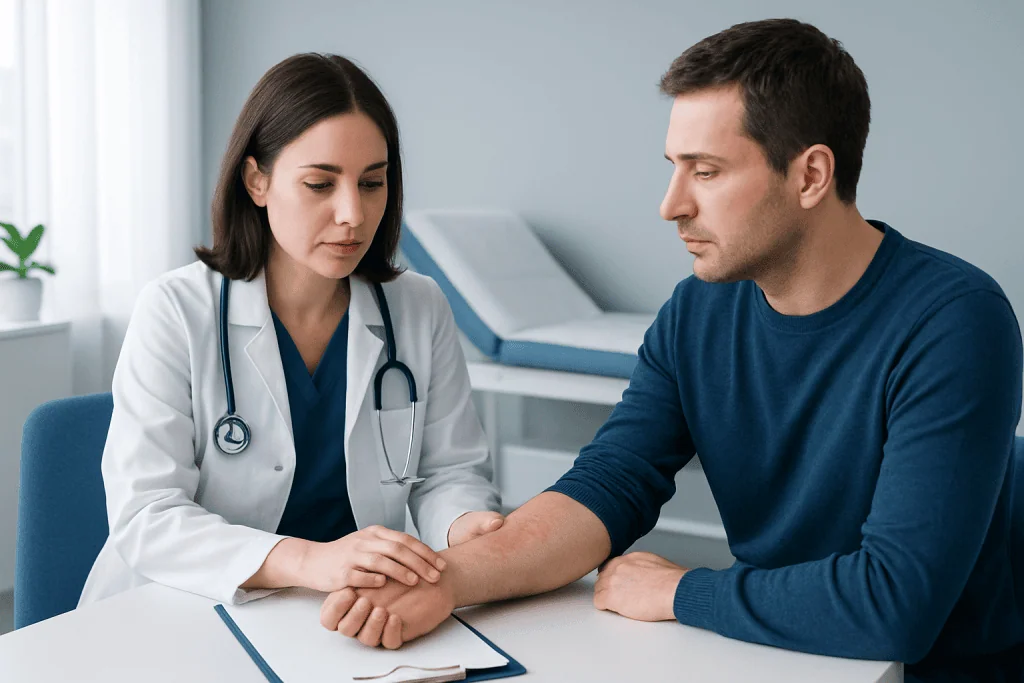 Doctor examining a patient's arm in a medical consultation room.