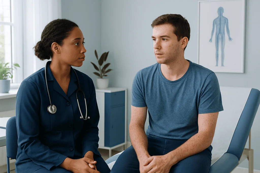 Doctor consulting with male patient in a medical office.