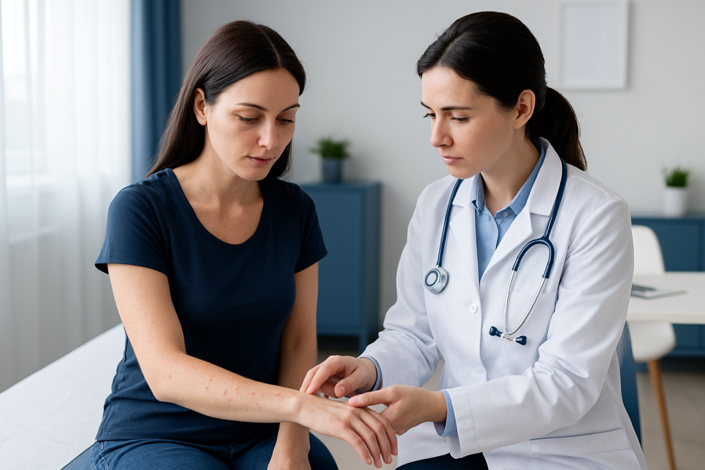 Doctor examining patient's skin for skin dots or rashes.