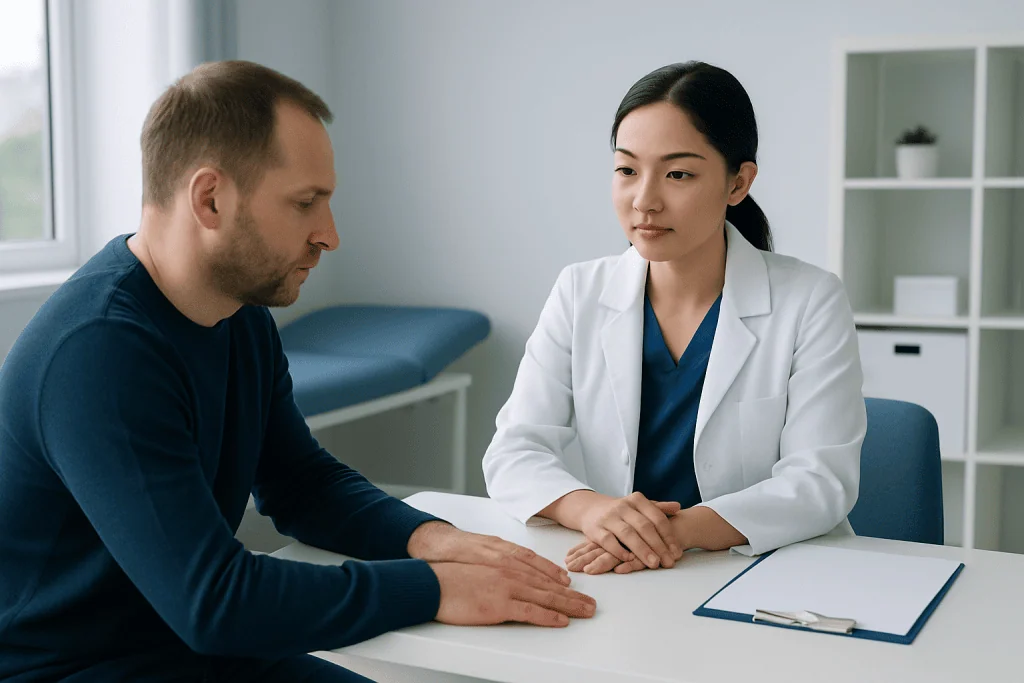 Doctor consulting with a patient in a medical office setting.