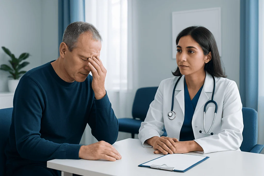 Doctor consulting with a patient about eye health and star-related visual issues.
