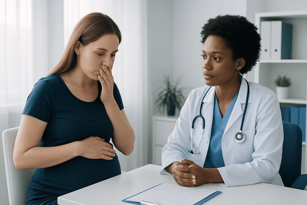 Pregnant woman consulting with a doctor about health concerns.