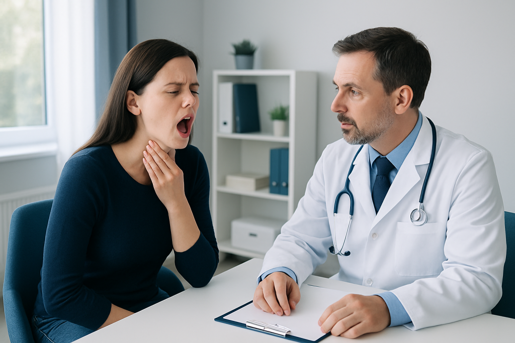 Patient experiencing sore throat during consultation at Acibadem Hospital.