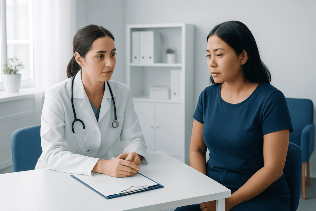 Doctor consulting a patient about spotting and reproductive health.