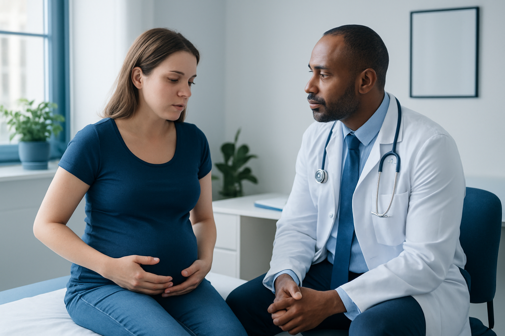 Pregnant woman consulting with doctor in a medical office.