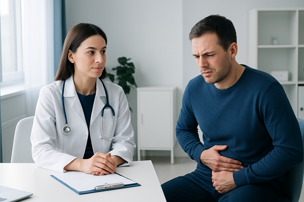 Doctor consulting with patient about stomach pain in clinic setting.