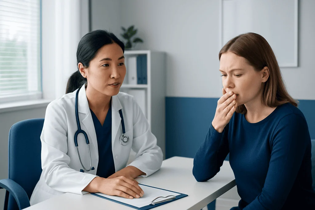Doctor consulting with a patient about symptoms in a modern clinic setting.
