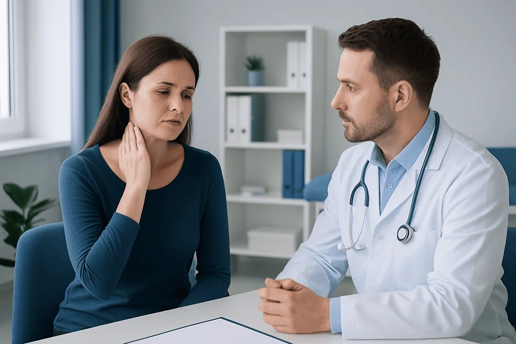 Doctor consulting with a woman about neck swelling symptoms.