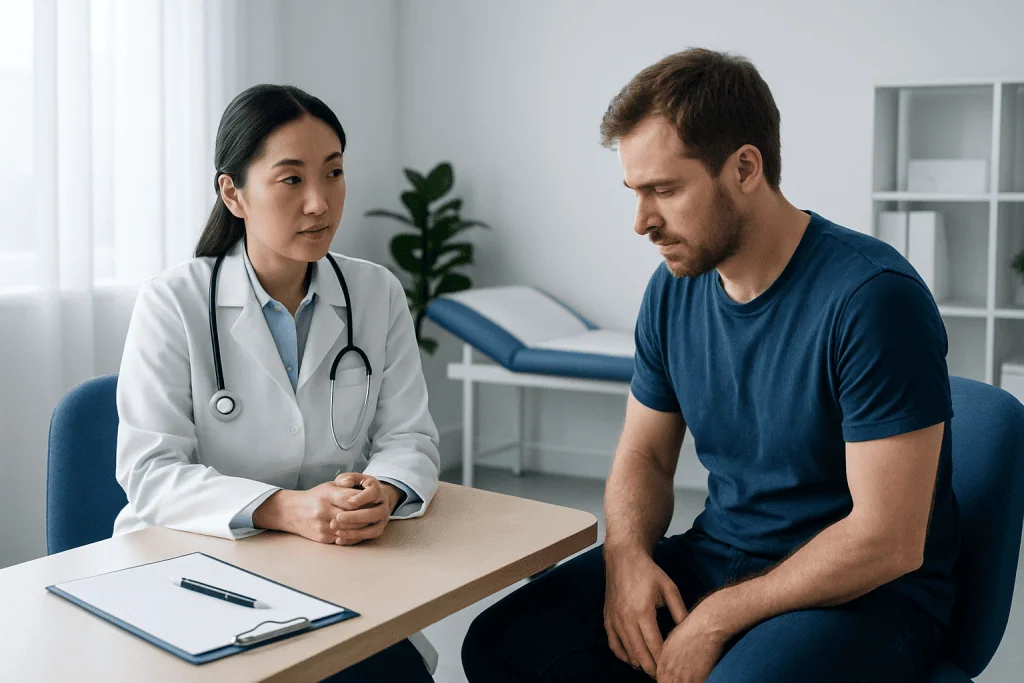 Doctor consulting with male patient in a medical office.