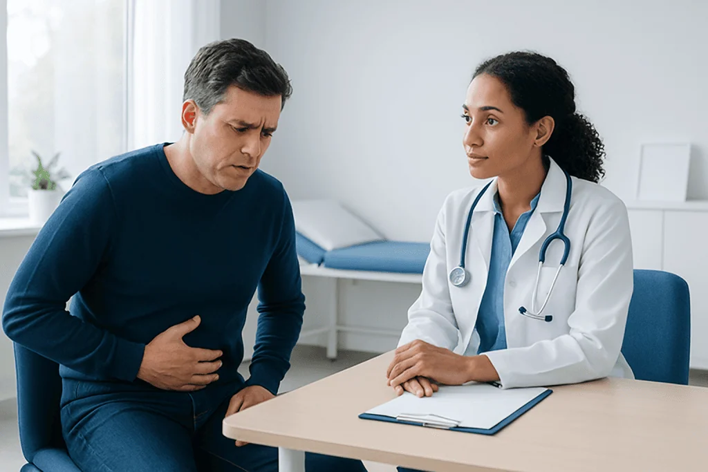 Doctor consulting with patient about stomach pain and black stool symptoms.