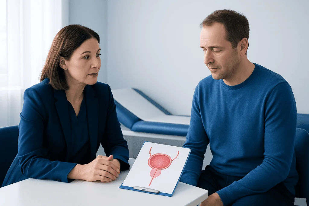 Urologist explaining bladder health to male patient in clinic.