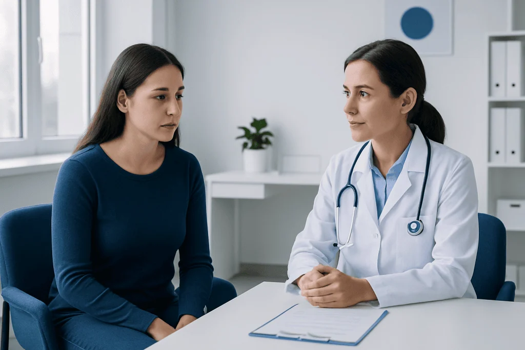 Doctor consulting with a patient in a modern medical office.
