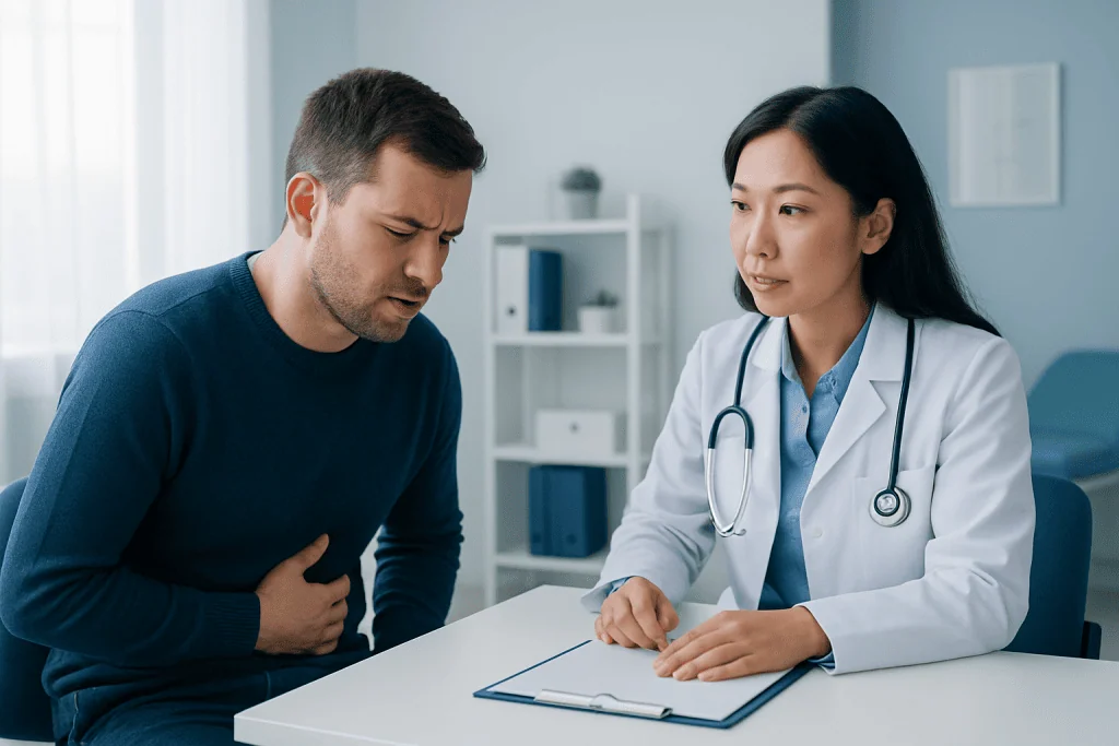 Man experiencing stomach pain during medical consultation with doctor.