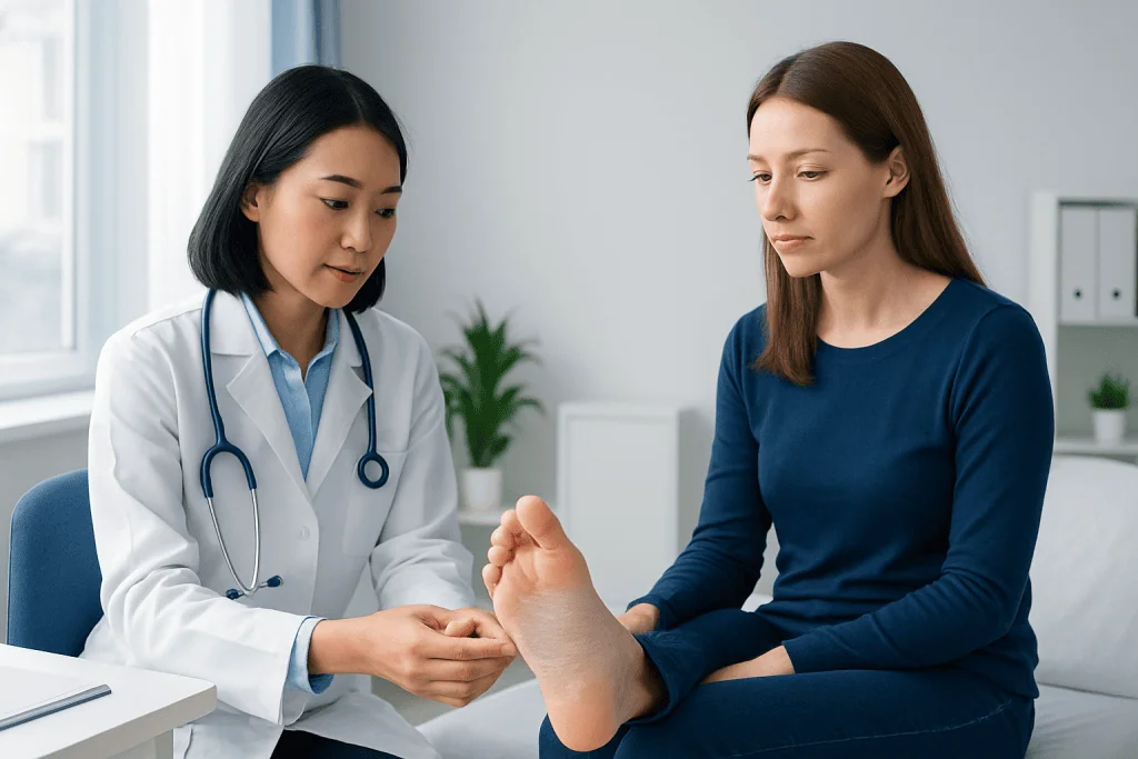 Doctor examining patient's foot in a clinical setting.