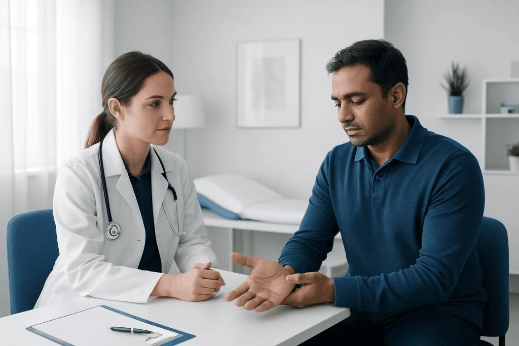 Doctor examining patient's hand in a consultation room.