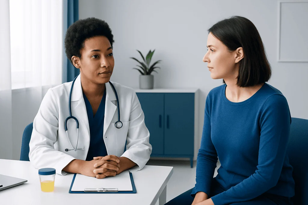 Doctor consulting with patient in a medical office setting.