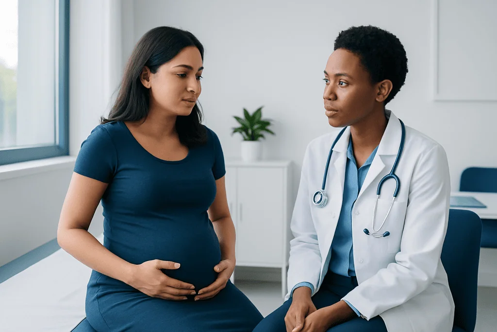Pregnant woman consulting with a doctor in a hospital room.