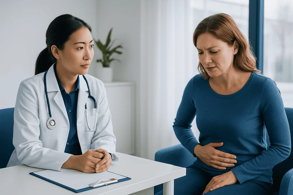 Doctor consulting a woman with stomach pain in a medical office.