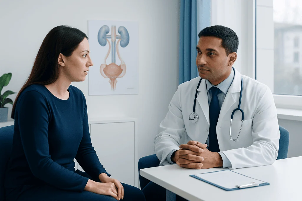 Doctor consulting with female patient in a medical office.