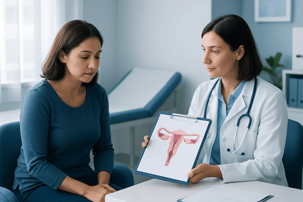Gynecologist explaining uterine health to a patient in a clinic setting.