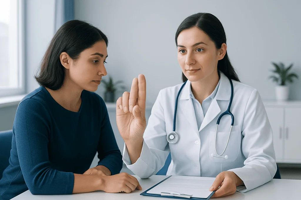 Doctor explaining fingernail ridges to patient in consultation room.