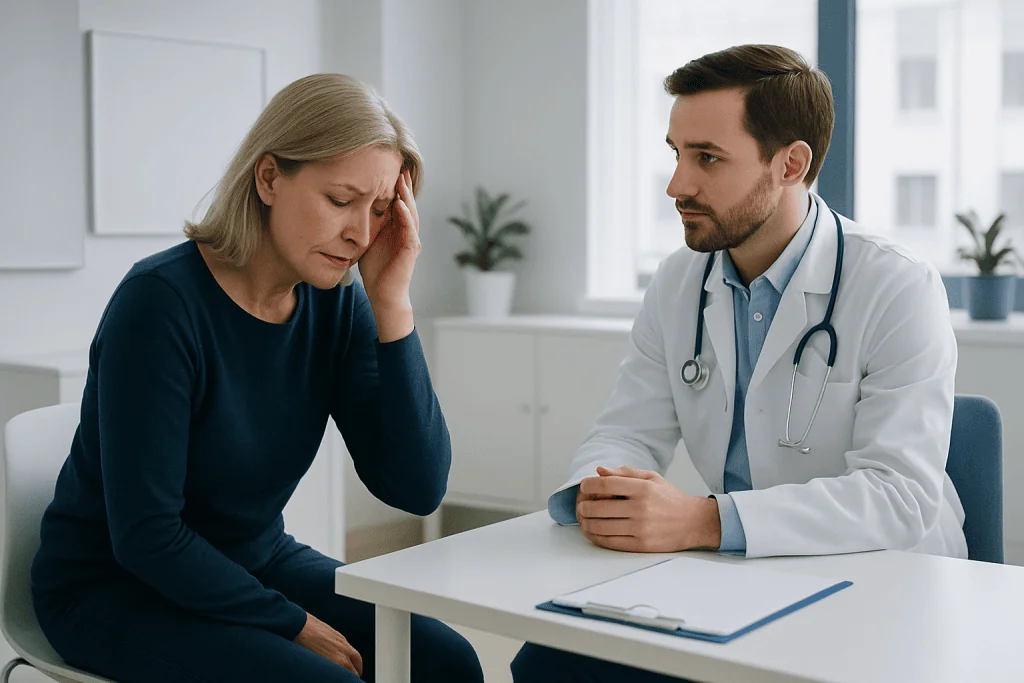 Doctor consulting with a woman experiencing dizziness or vertigo symptoms.
