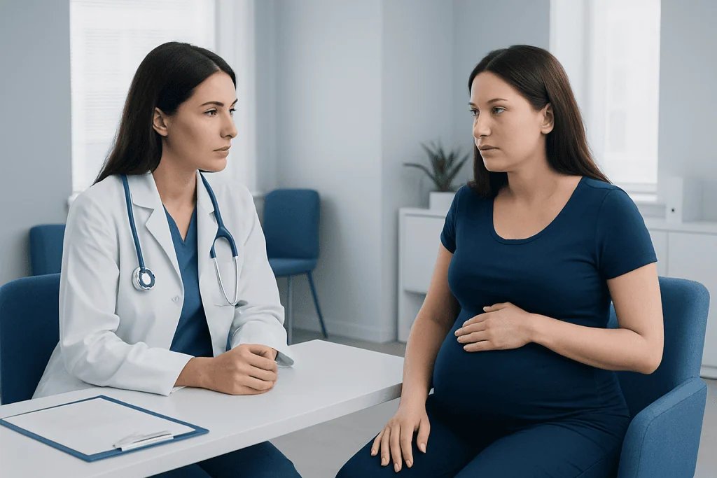 Pregnant woman consulting with a doctor in a clinical setting.