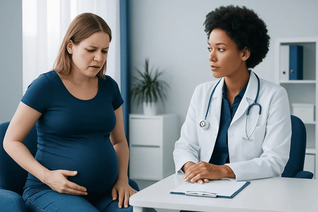 Pregnant woman consulting with a doctor about abdominal pain.