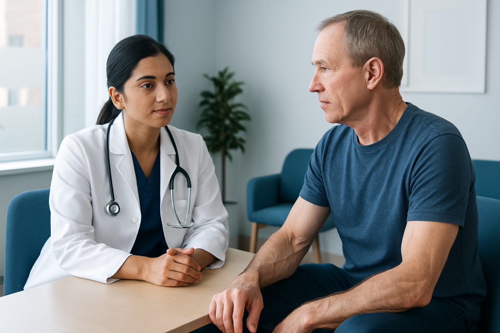 Doctor consulting with a male patient about arm vein health.
