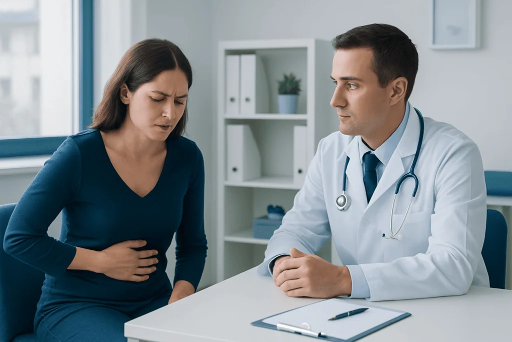 Doctor consulting with a woman experiencing stomach pain in a medical office.
