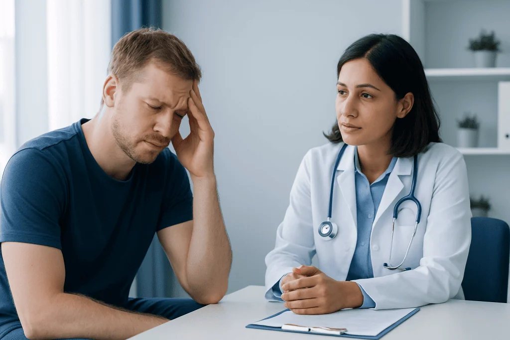 Patient experiencing dizziness consulting a doctor in a medical office.
