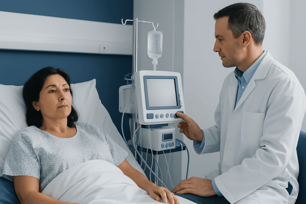 Doctor consulting a patient in a hospital room with medical equipment.