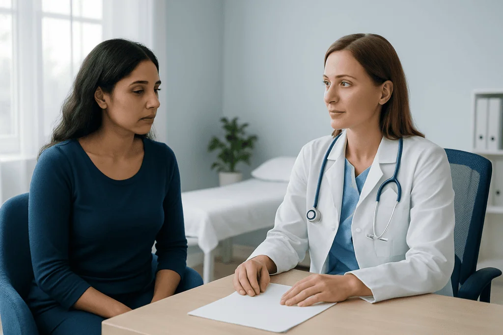 Doctor consulting with a patient in a medical office setting.