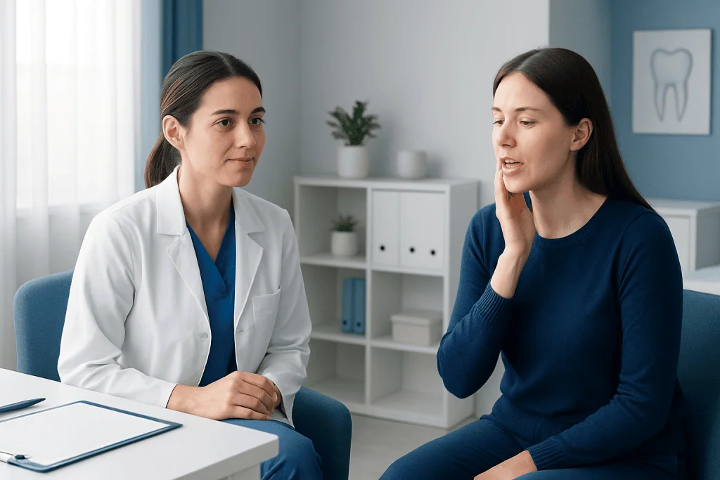 Dentist consulting patient about oral health in a modern clinic setting.