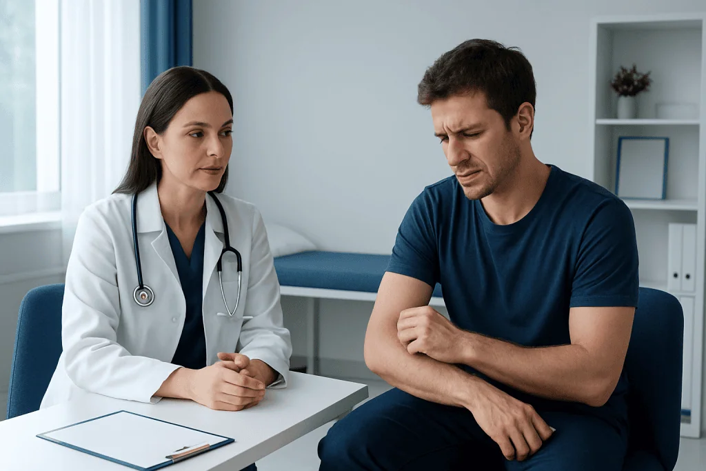Doctor consulting a patient about unexplained itching symptoms.