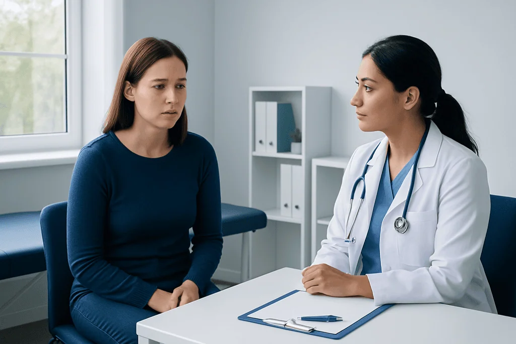Doctor consulting with a patient about health concerns in a medical office.