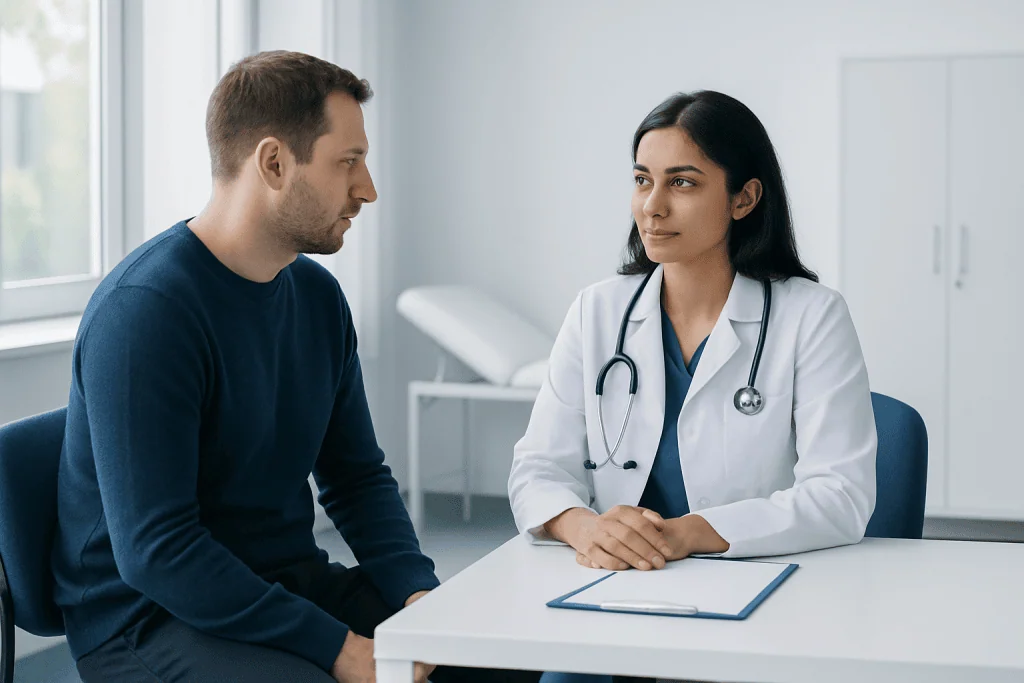 Doctor consulting with a male patient in a medical office setting.