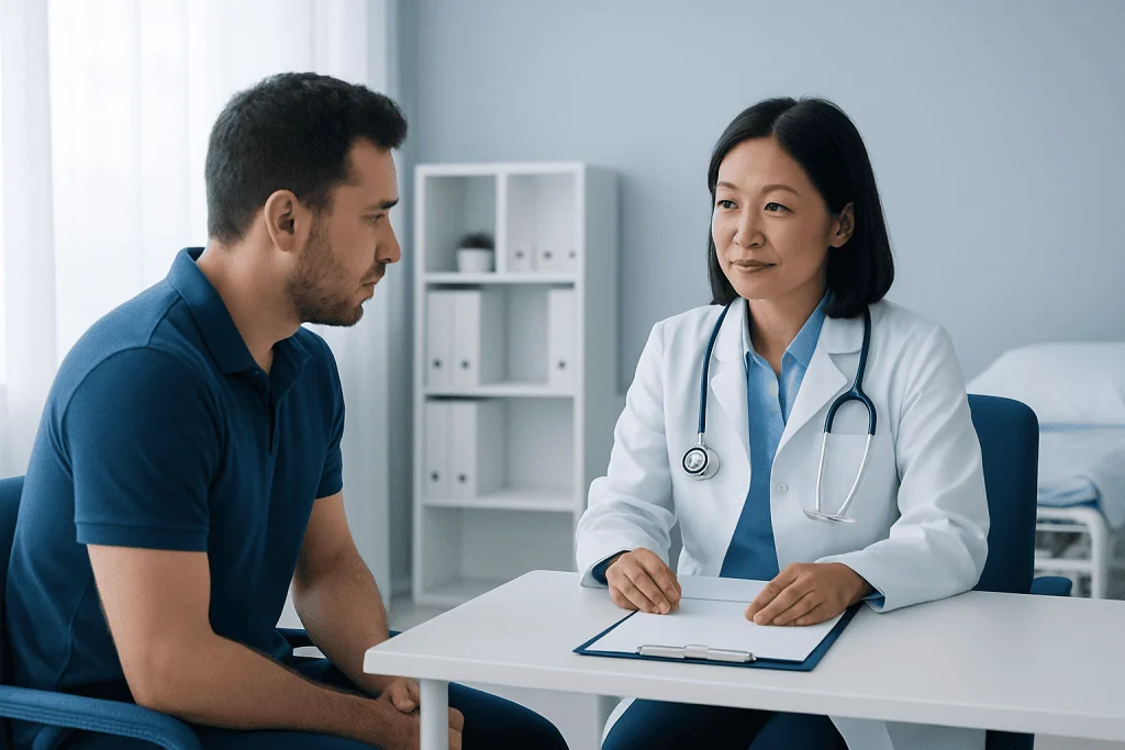 Doctor consulting with male patient in a medical office.