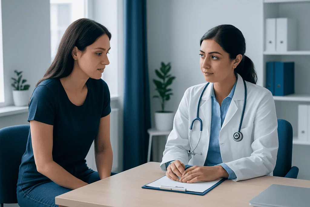 Doctor consulting with a patient in a medical office setting.