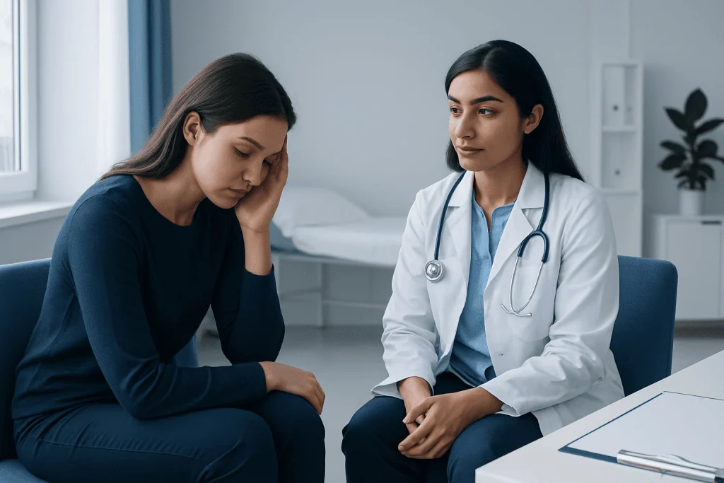 Doctor consulting with a patient about emotional health in a clinical setting.