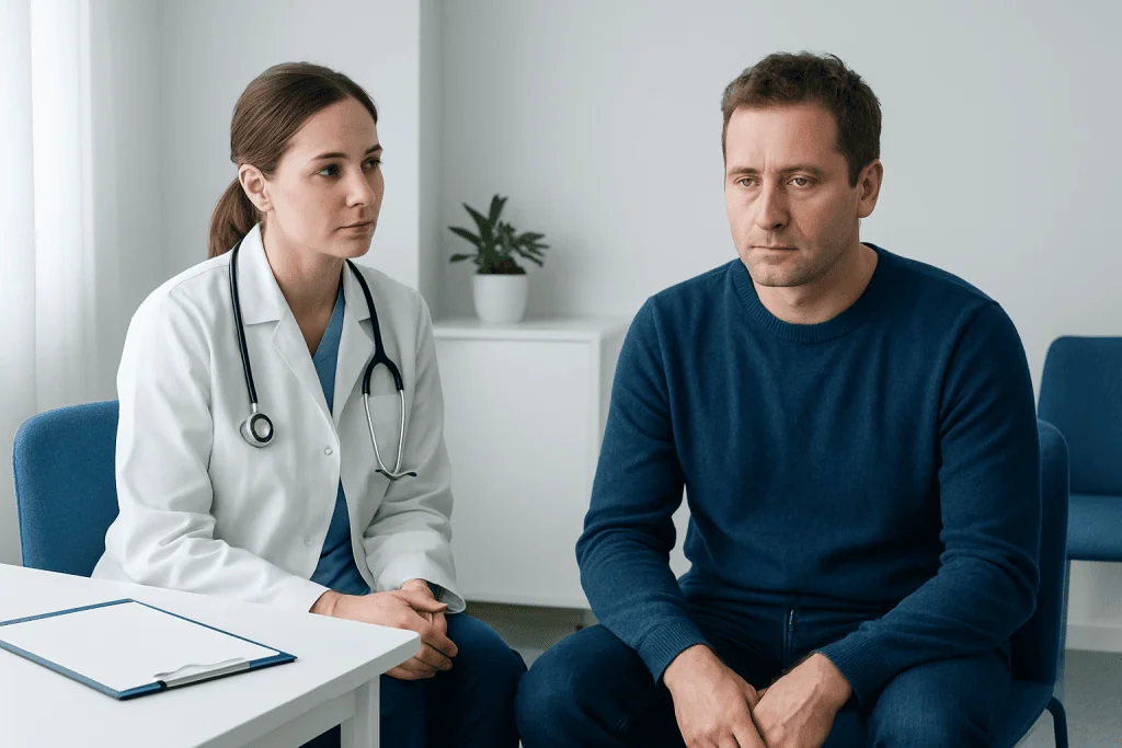 Doctor consulting with male patient in a clinical setting at Acibadem Hospitals.
