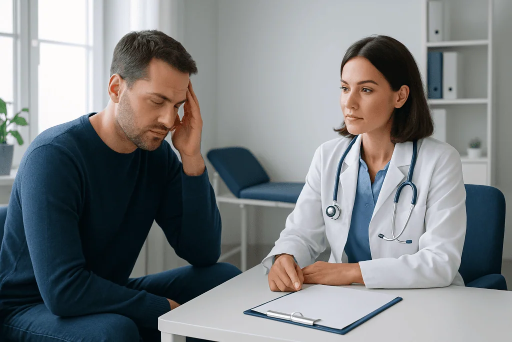 Patient consulting with doctor in a medical office setting.