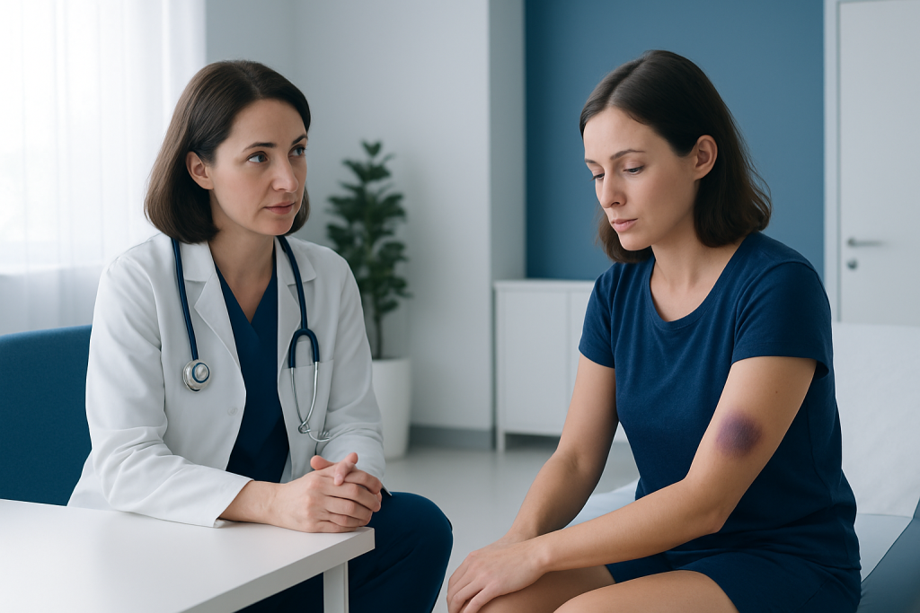 Doctor examining a woman with a bruise on her arm in a medical office.