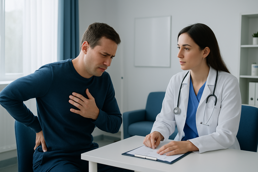 Patient experiencing chest pain during consultation at Acibadem Hospital.