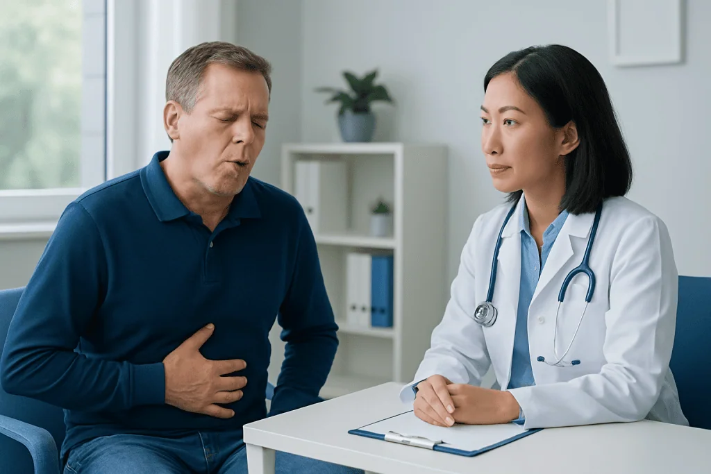 Doctor examines man with stomach pain in a medical consultation.