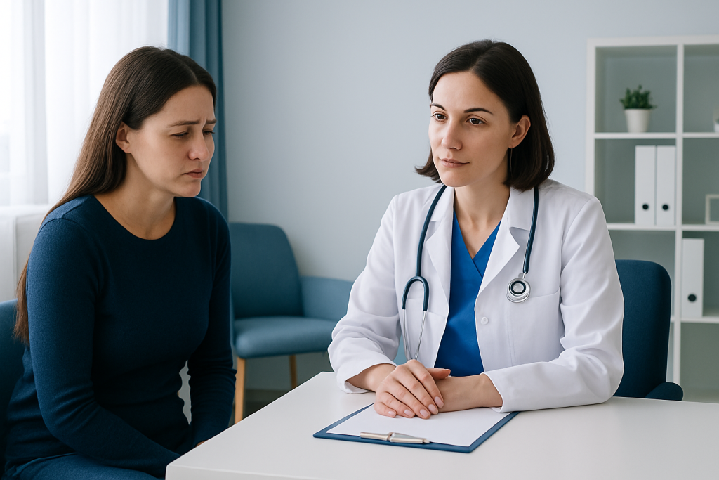 Doctor consulting with a female patient in a medical office setting.