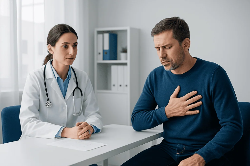 Doctor consulting with a patient experiencing chest pain in a medical office.
