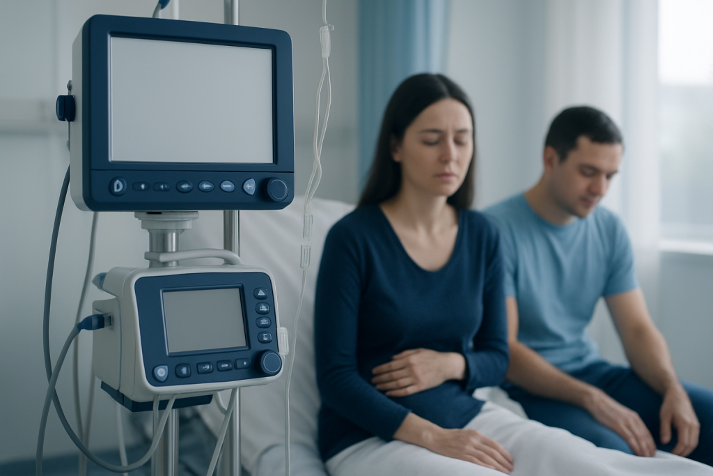 Patients in a hospital waiting area with medical monitors nearby.