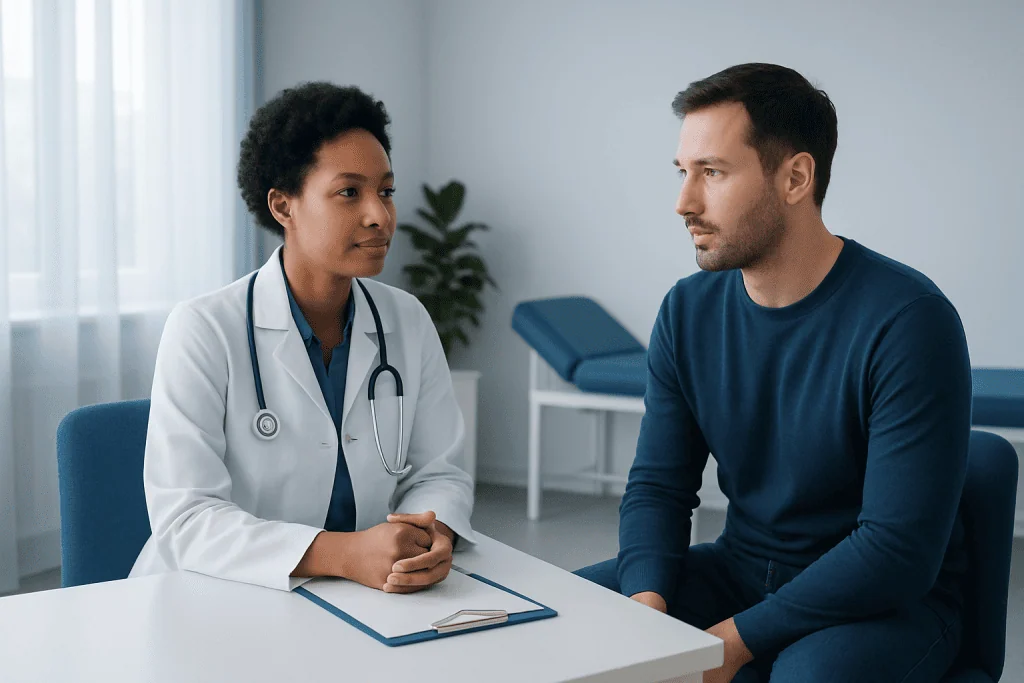 Doctor consulting male patient in a medical office setting.