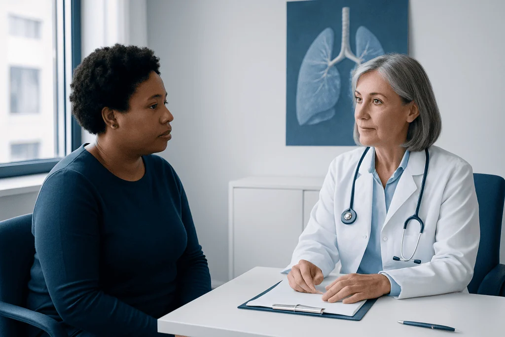 Doctor consulting with a patient about pulmonary health in a hospital setting.